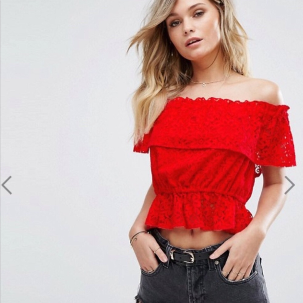 ASOS red lace off shoulder crop top